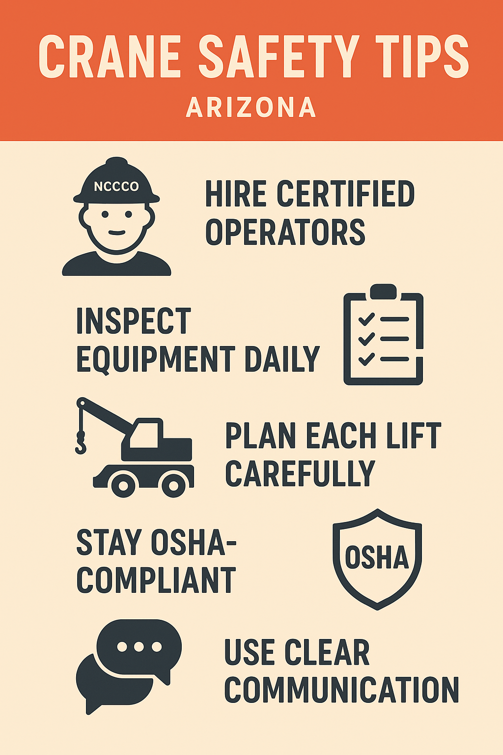 Infographic showing five crane safety tips for Arizona contractors, including certified operators, inspections, planning, OSHA compliance, and communication.