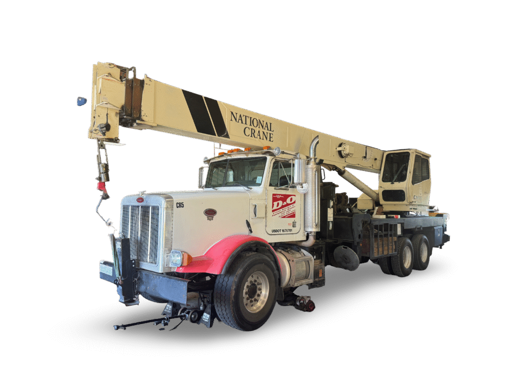 White and red 33-ton National boom truck crane operated by D&O Crane
