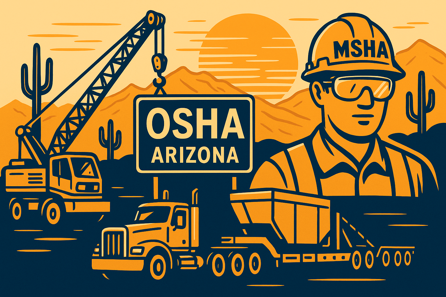 Illustration of a crane, truck, and safety worker under an Arizona sunset representing OSHA and MSHA compliance in construction.