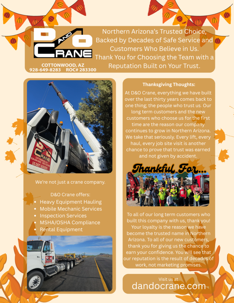 D&O Crane Thanksgiving newsletter with customer appreciation messages, service list, and photos of crane work and team members.