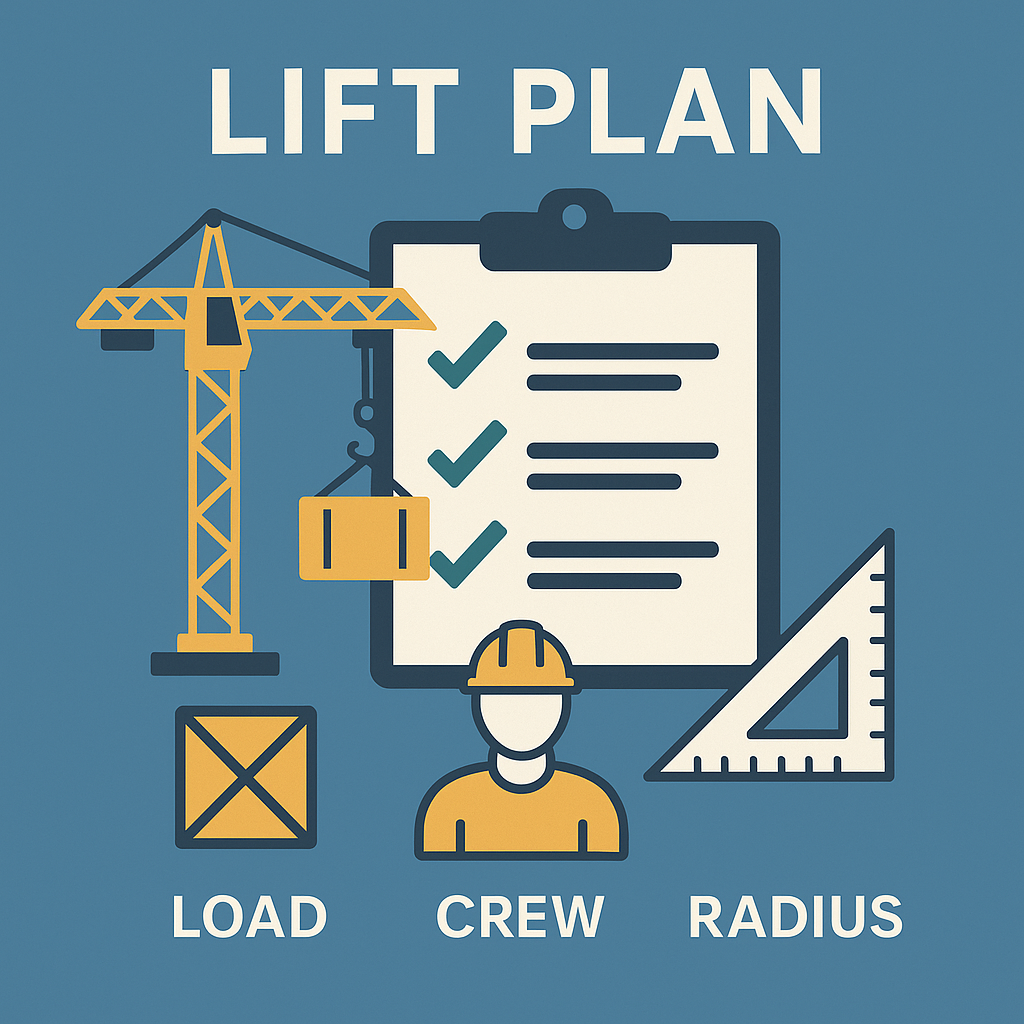 Lift plan infographic showing crane, checklist, worker icon, and radius tools for safe crane planning.