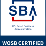 U.S. Small Business Administration WOSB Certified logo with blue SBA lettering and red accent, indicating Women-Owned Small Business certification
