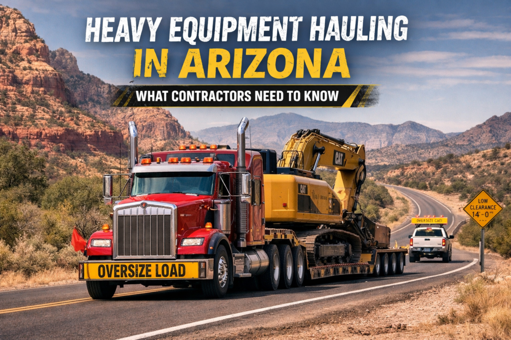 Heavy equipment hauling in Arizona featuring a red semi truck transporting a CAT excavator on a lowboy trailer through desert terrain