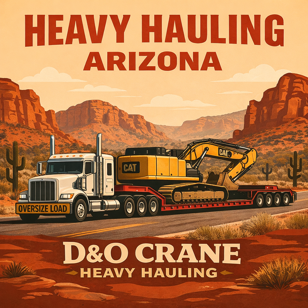 Heavy haul truck transporting excavator through Arizona desert with D&O Crane heavy hauling branding