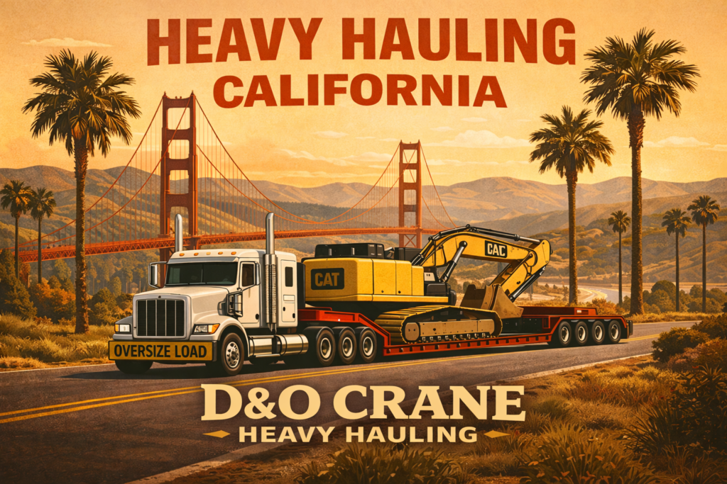 Heavy haul truck transporting excavator across California landscape for D&O Crane heavy hauling services