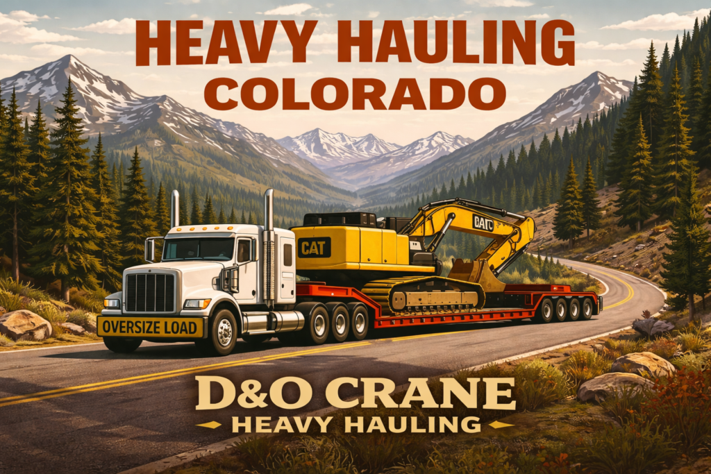 Heavy haul truck transporting excavator through Colorado mountains for D&O Crane heavy hauling services