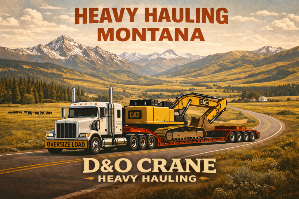 Heavy haul truck transporting excavator across rural Montana landscape with mountains in the background