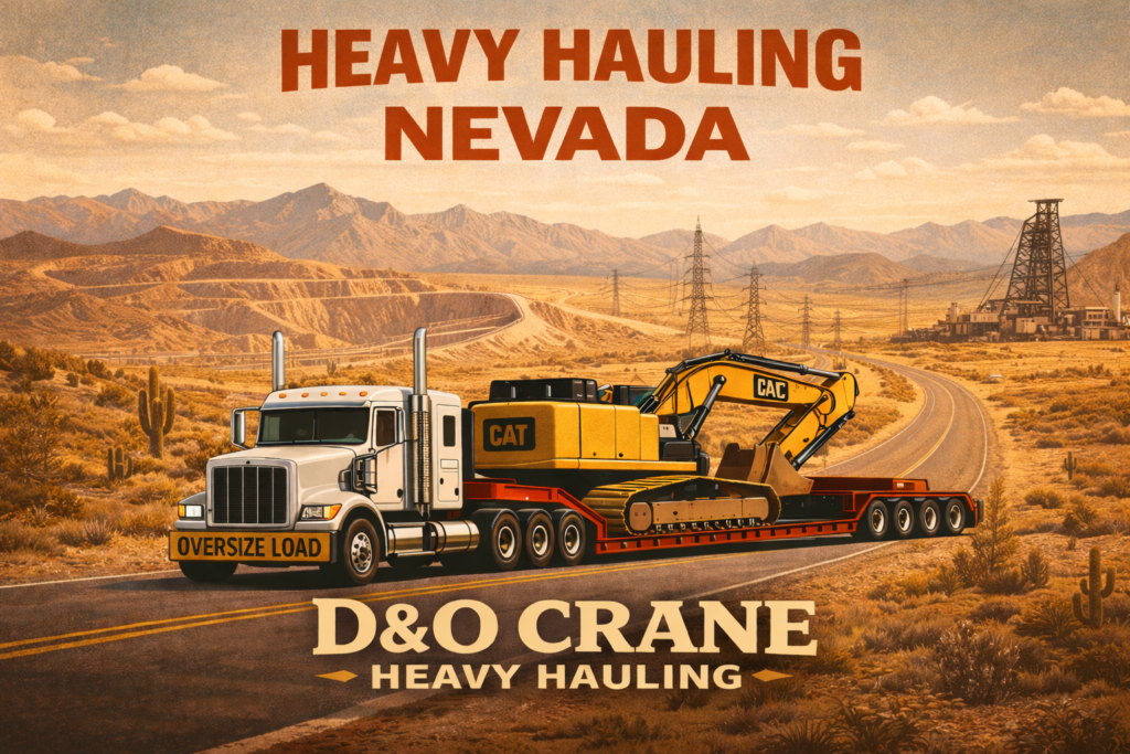 Heavy haul truck transporting excavator across Nevada desert highway for D&O Crane heavy hauling services