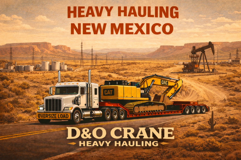 Heavy haul truck transporting excavator through New Mexico oilfield and desert landscape