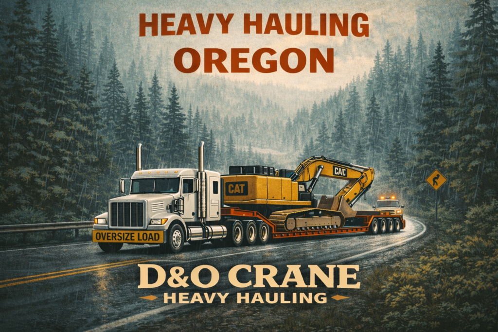 Heavy haul truck transporting excavator through forested Oregon highway in wet conditions