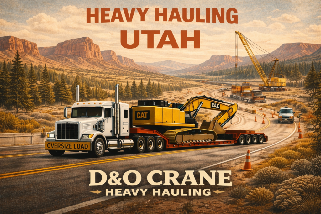 Heavy haul truck transporting excavator through Utah desert and red rock landscape