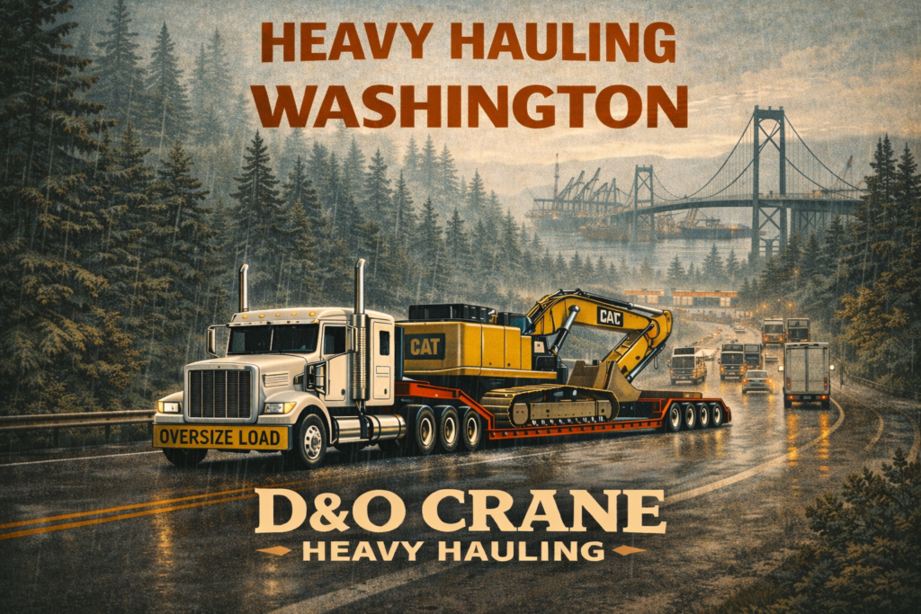 Heavy haul truck transporting excavator through rainy Washington highway with forest and traffic
