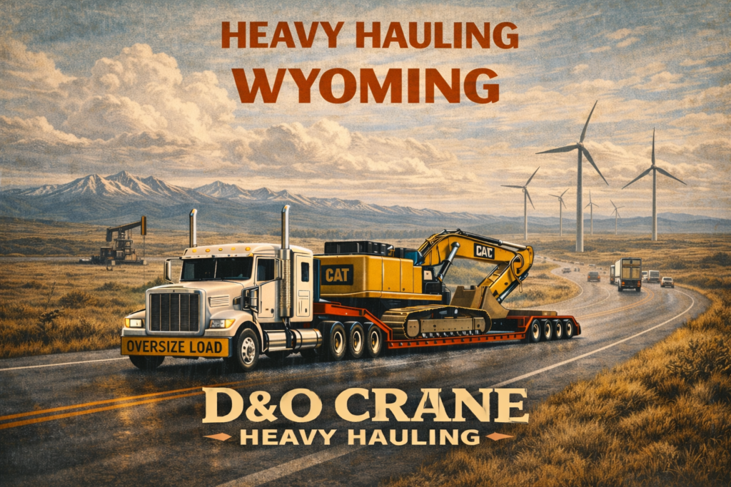 Heavy haul truck transporting excavator across open Wyoming landscape with wind turbines and mountains