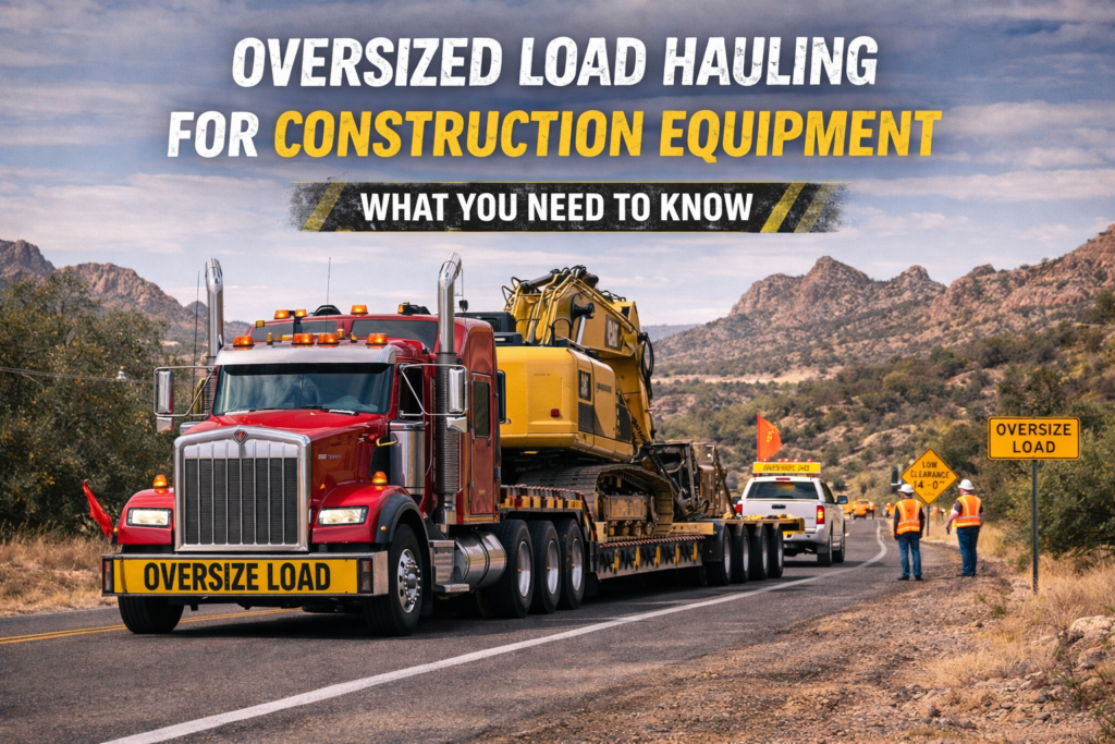 Oversized load hauling construction equipment with escort vehicles guiding a semi truck transporting an excavator on an Arizona highway