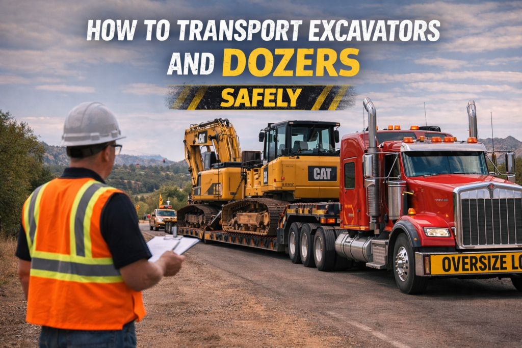 Excavators and dozers secured on a lowboy trailer with a DOT inspector checking load safety during heavy equipment transport