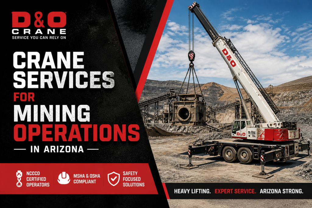 Mobile crane performing heavy lift at mining operation in Arizona desert