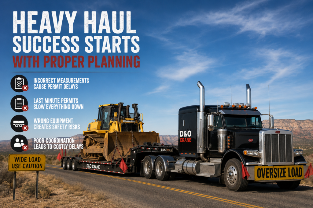Heavy haul truck transporting a bulldozer on a lowboy trailer across an Arizona highway during an oversized equipment move.