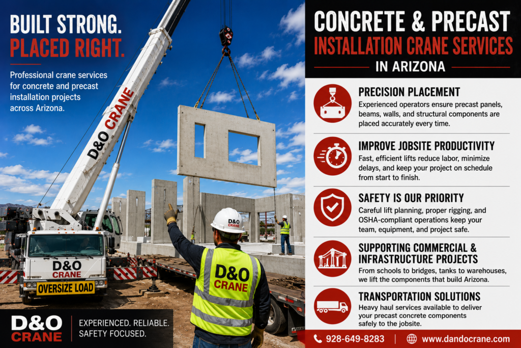Mobile crane lifting a precast concrete wall panel into place during a commercial construction project in Arizona.