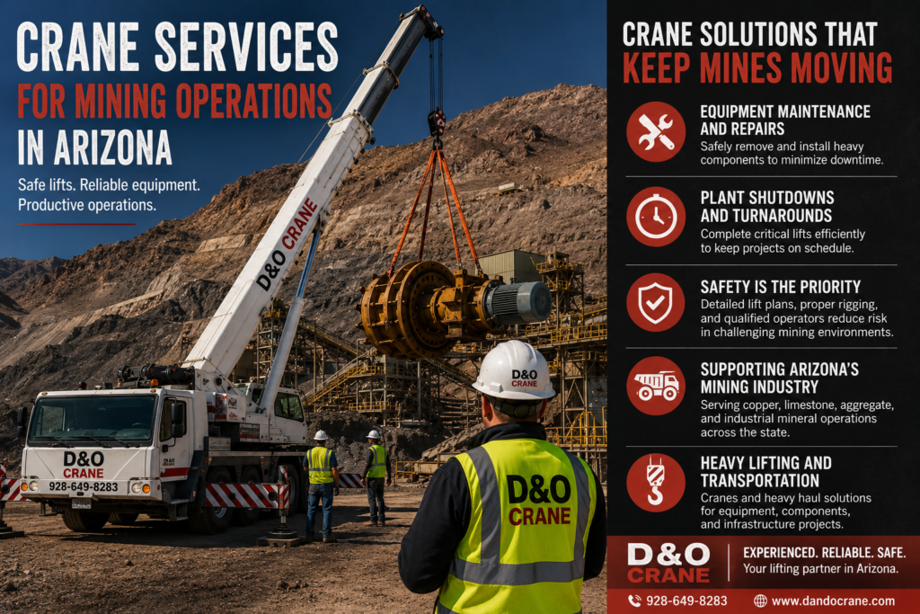 Mobile crane lifting a large mining equipment component during maintenance operations at an Arizona mine site.