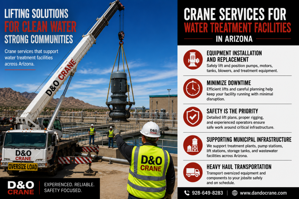 Mobile crane lifting a large industrial pump into place at a water treatment facility during equipment replacement in Arizona.