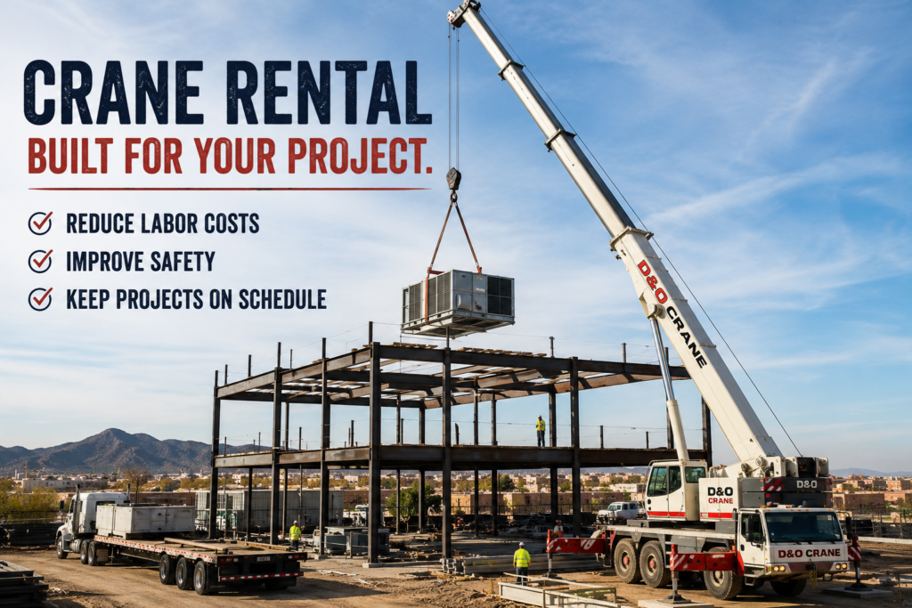 Mobile crane placing a rooftop HVAC unit on a commercial steel building during construction in Arizona.