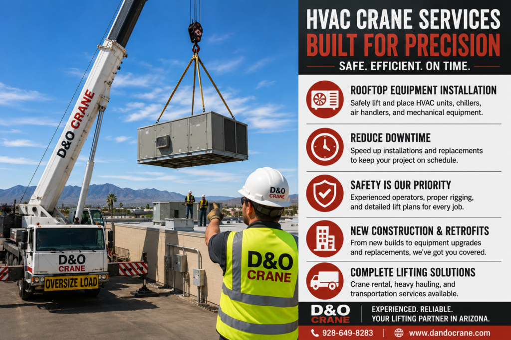 Mobile crane lifting a rooftop HVAC unit onto a commercial building during an HVAC equipment installation project in Arizona.