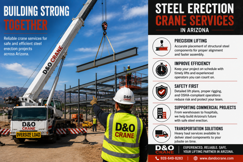 Mobile crane lifting a structural steel beam during a commercial steel erection project at a construction site in Arizona.