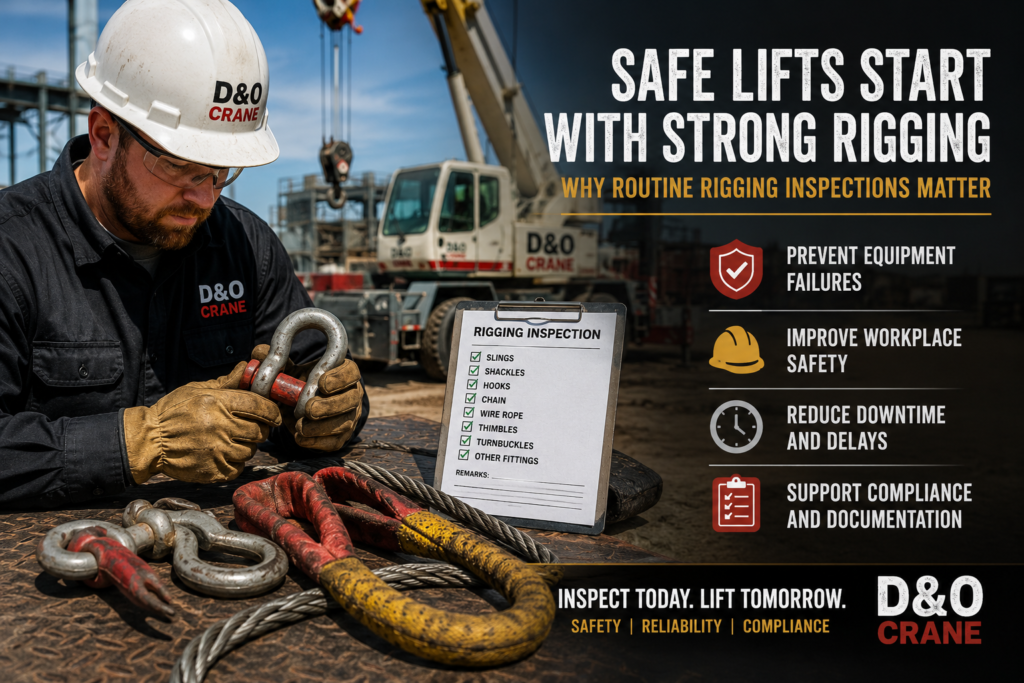 Worker inspecting shackles, wire rope slings, and rigging hardware before a crane lift at an industrial jobsite in Arizona.