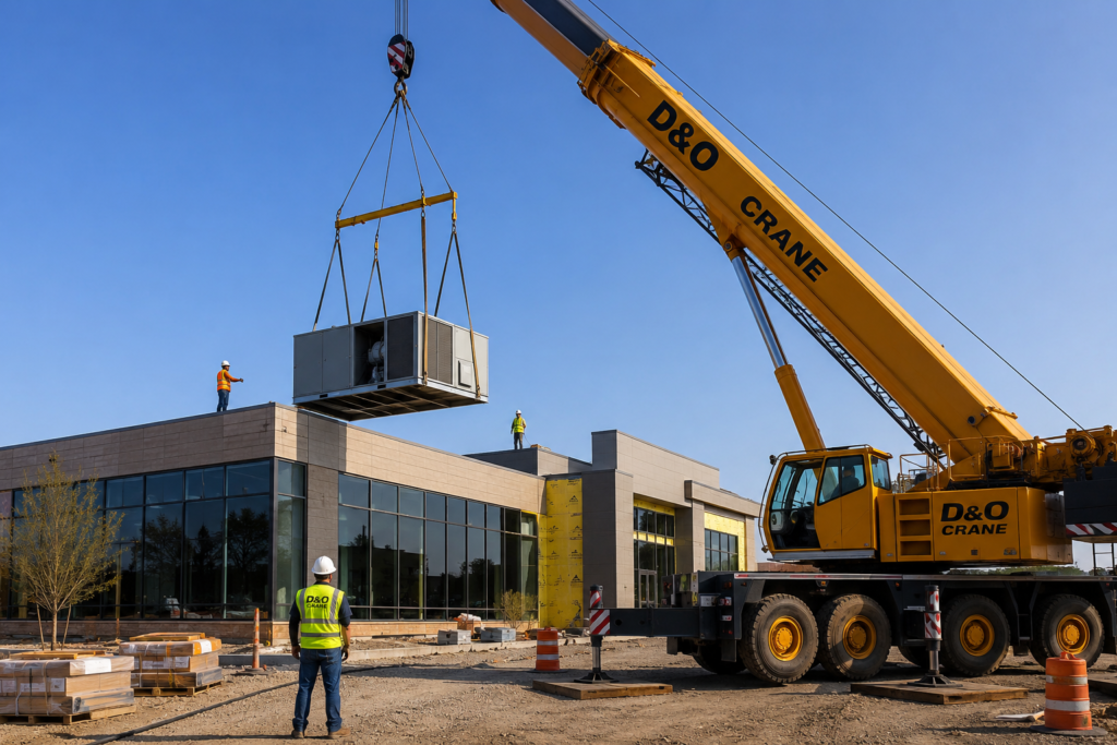 D&O Crane lifting a rooftop HVAC unit onto a commercial building in Arizona.