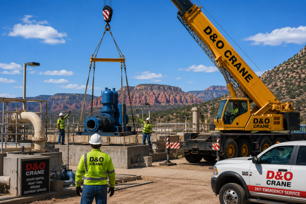 D&O Crane lifting heavy pump equipment at a water and utility facility in Arizona.