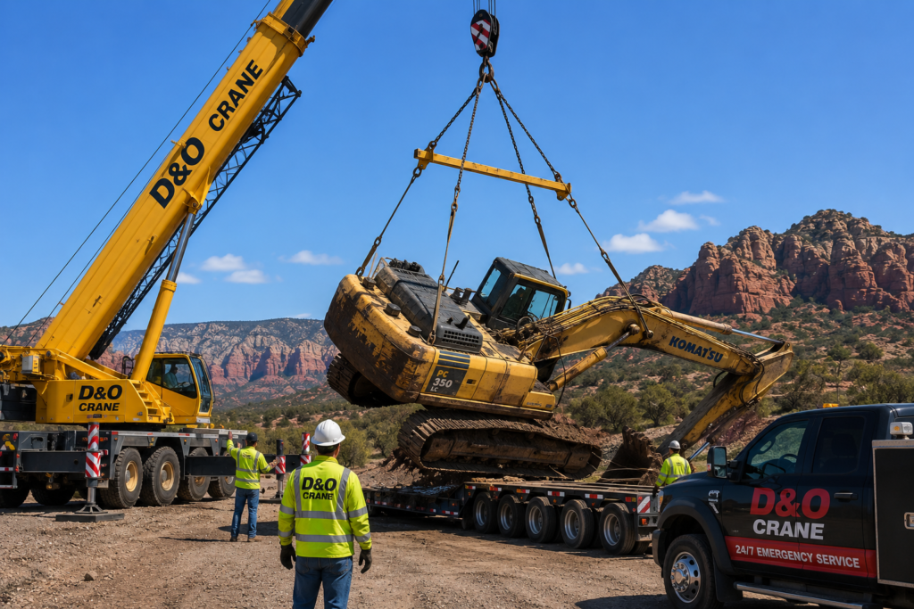 D&O Crane recovering a disabled excavator with a mobile crane and heavy haul trailer in Arizona.