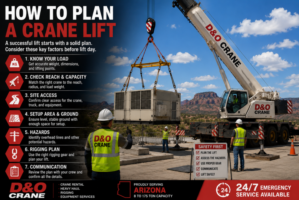 D&O Crane crew planning and performing a crane lift with rigging and heavy equipment in Arizona.