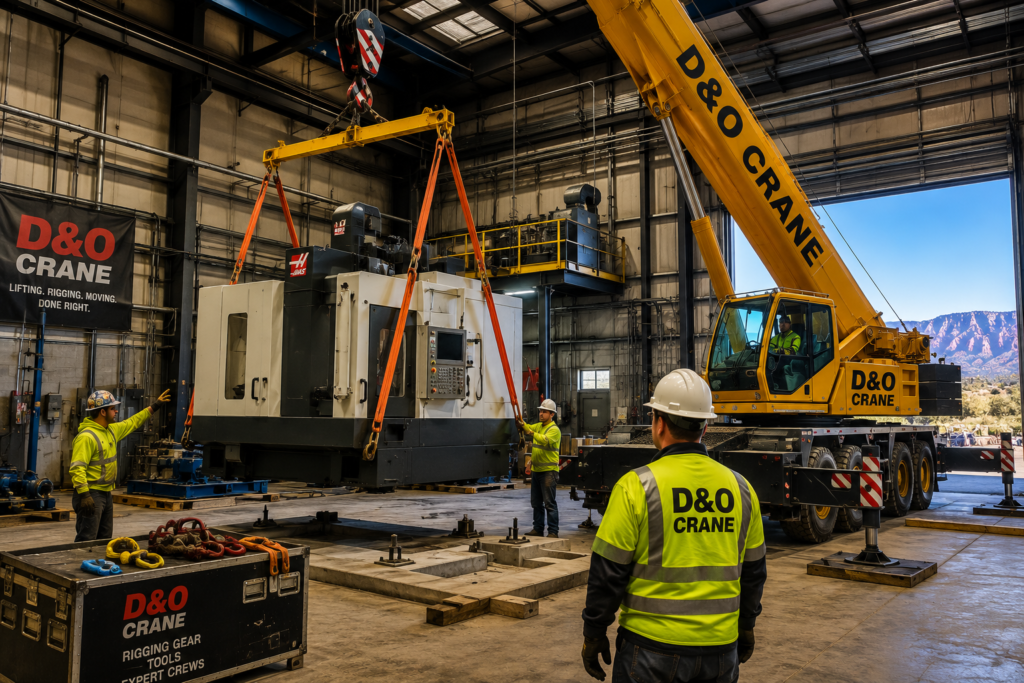 D&O Crane rigging and installing heavy CNC machinery inside an industrial facility in Arizona.