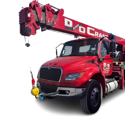 Red 15-ton International boom truck crane with hydraulic boom from D&O Crane