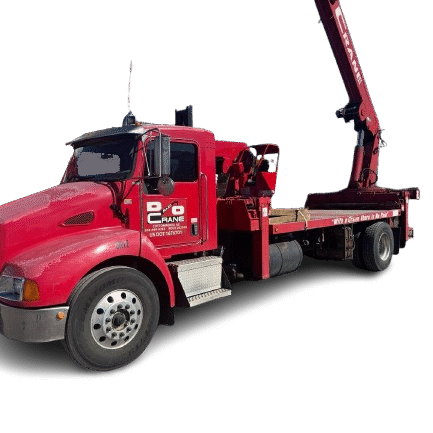 Red 15-ton Kenworth boom truck crane from D&O Crane with mounted hydraulic lift
